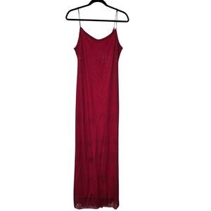 Vintage Niki Livas Maxi Dress Size 12 90s Y2K Velvet Slip Evening Gown Sheer Red